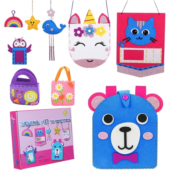 Sewing Kit for Beginner,9 Easy DIY Projects of Art Craft,Felt Gift for Learn to Sew Embroidery