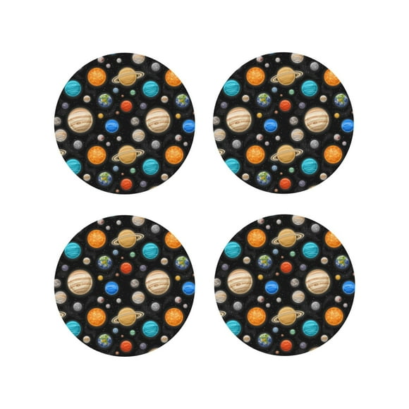 Vsdgher Planets In Deep Space Print Leather Coasters for Drinks, Durable Drink Coasters 4 Set for Tabletop Protection, Luxurious Home Décor and Housewarming Gift-Round Shape