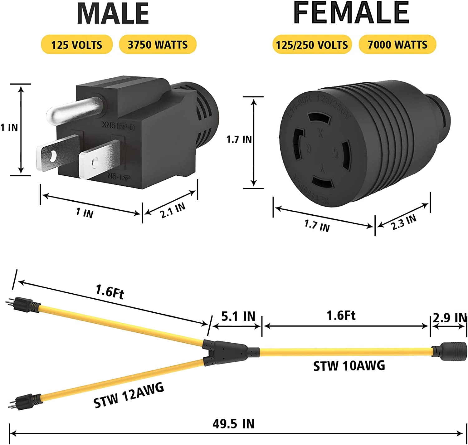 2X 5-15 Plug Male to Generator Twist Lock L14-30 Receptacle Female Y  Adapter Cord STW 3 Feet 120V/240V 30 Amp Generator Welder Dryer Power Cord  Adapter - Walmart.com