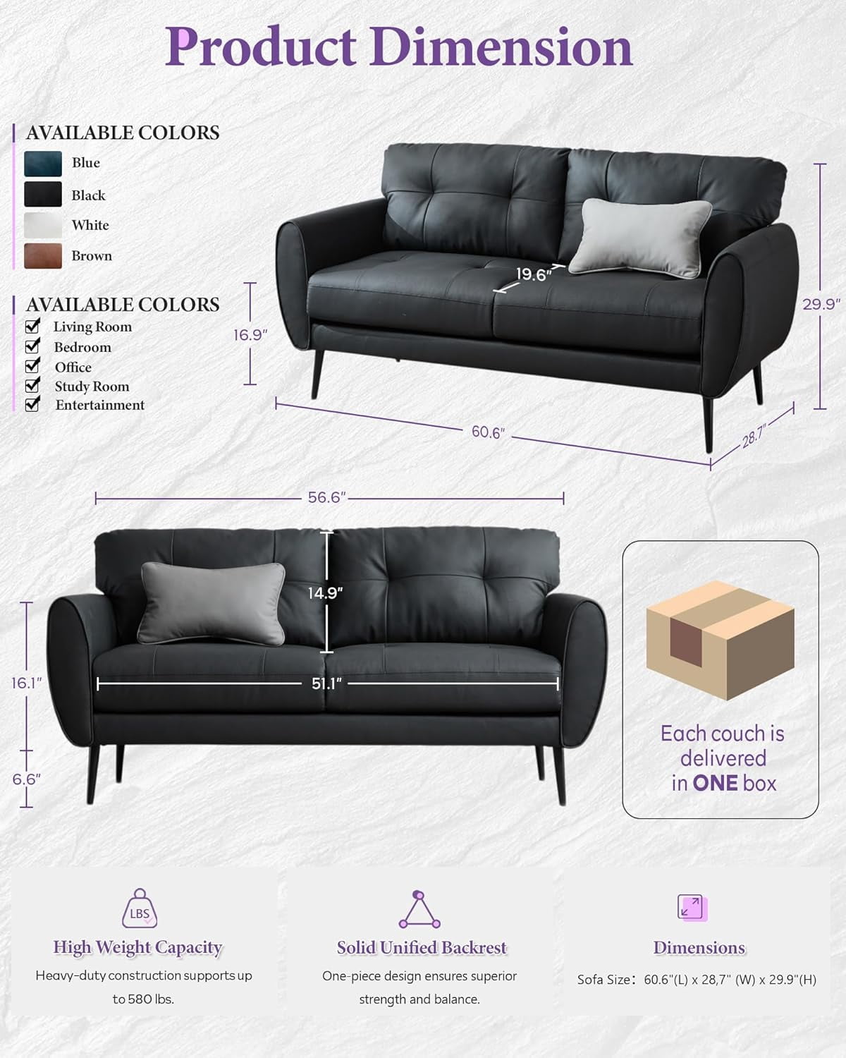 LAZZO 61" Faux Leather Loveseat, Mid Century Modern Tufted 2-Seat Sofa for Small Spaces, Black