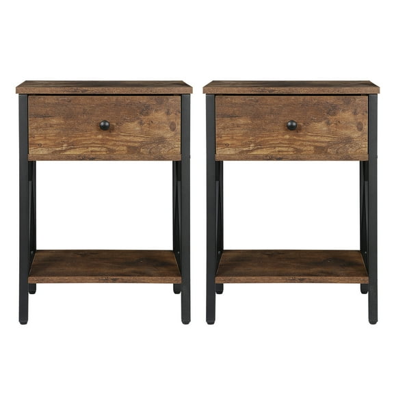XiHuaZhaoChen  Industrial 2-Tier End Table with Storage Drawer and Shelf, Bedside Tables with Metal Frame, Wooden Side Table for Living Room, Bedroom