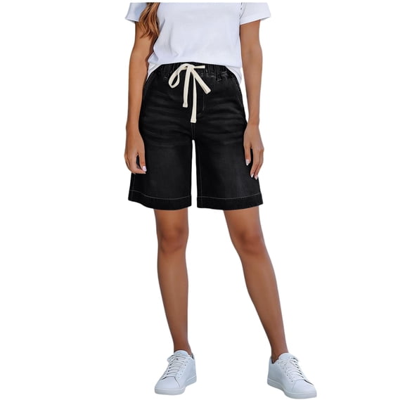 Yievot Bermuda Jean Shorts for Women Casual Drawstring Elastic Waist Knee Length Denim Shorts with Pockets