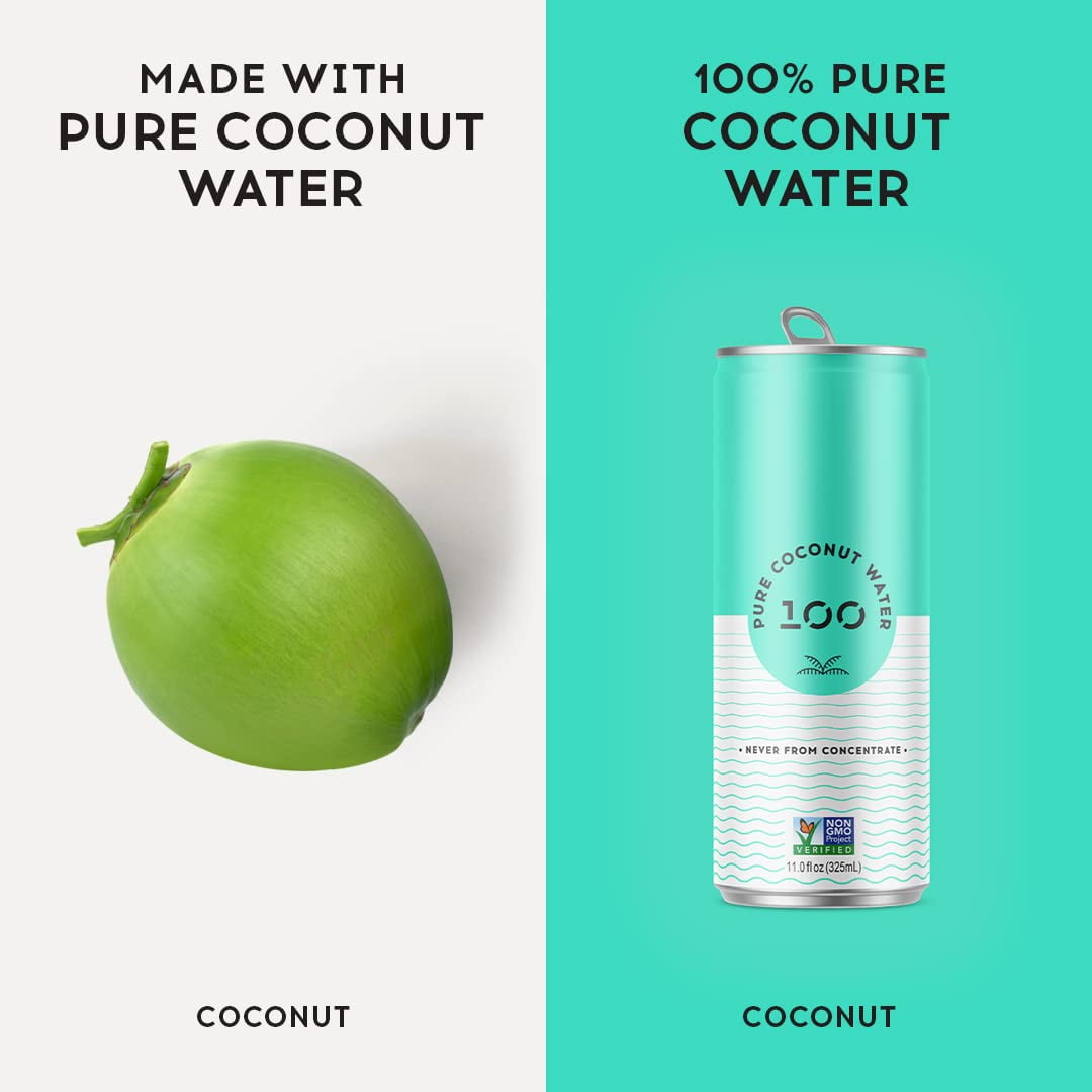 100 Coconuts Pure Coconut Water, Liquid Hydration, 11 fl oz Can
