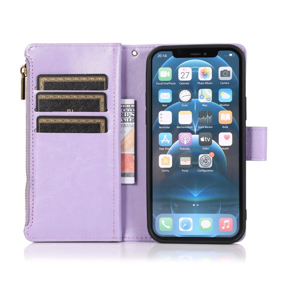 For iPhone 13/14 Case Luxury Wallet Card ID Zipper Money Holder   Tempered Glass