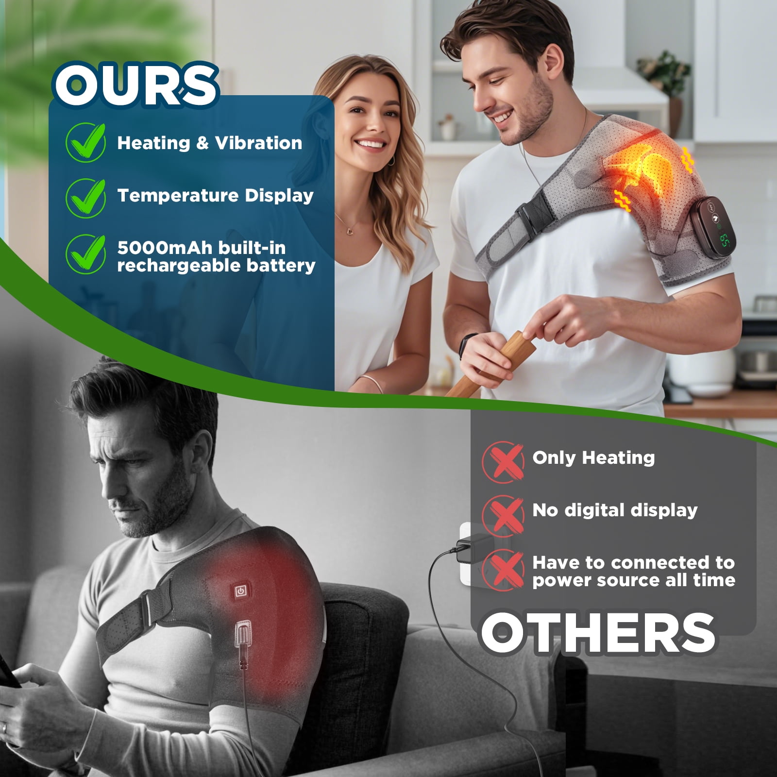 Shoulder Heating Pad, Cordless Shoulder Massager with Heat and Vibration for Rotator Cuff Relief, Size Adjustable Shoulder Wrap, Heated Shoulder Brace for Men Women