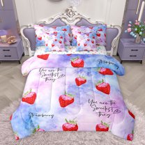 Homewish Teens Cartoon Strawberry Twin Bedding Sets 7-Piece, Dreamy Cartoon Bedding Comforter Set, Blue Purple Watercolor Reversible Sheet Sets, Breathable Home Decor