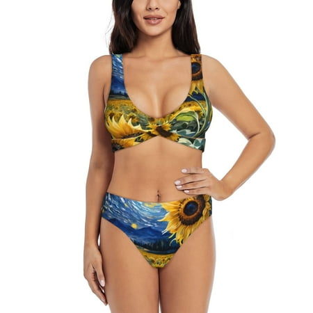 Zeuib Starry Sky Sunflower High Waisted Tummy Control Bikini Set - Knot Front Push Up Top & Cheeky Thong Bottom  Two-Piece Swimsuit for Women-XX-Large