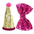 thumbnail image 1 of Conjunto lindo de sombrero de cono y pajarita para fiesta de cumpleaños para mascotas con diadema ajustable y adorno de pompones, 1 of 5