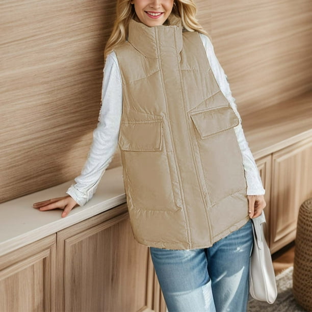 Gibobby Chalecos de mujer de vestir Chaleco acolchado para mujer cuello alto sin mangas con cierre chaleco de invierno Beige G