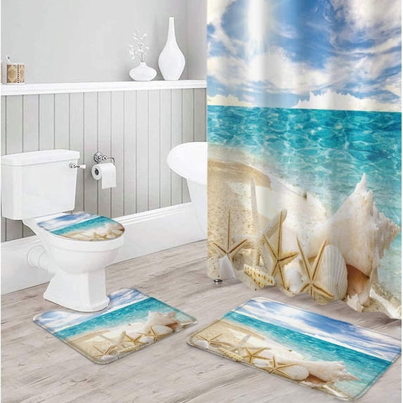 FMSHPON Seaside 4 Piece Bathroom Set Shower Curtain Bath Rug Contour Mat and Toilet Lid Cover