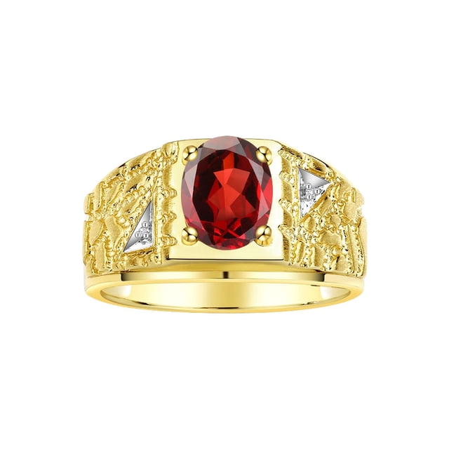 RYLOS Men's Rings 14K Yellow Gold Designer Nugget Ring Oval 9X7MM Gemstone & Diamonds Garnet January Birthstone Rings For Man Size 13