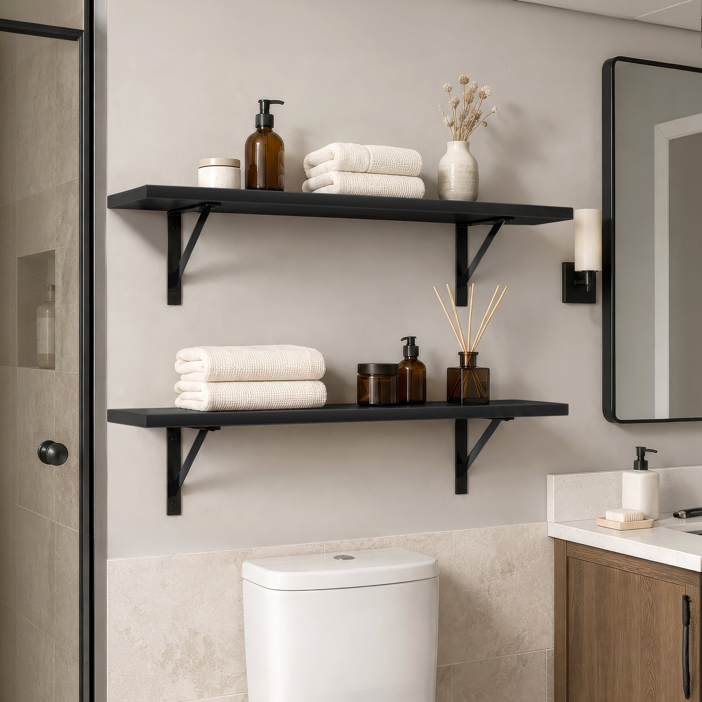 Sorbus 47.3 in Wood Wall Shelves with Black Metal Brackets, Black, 2-Piece Set