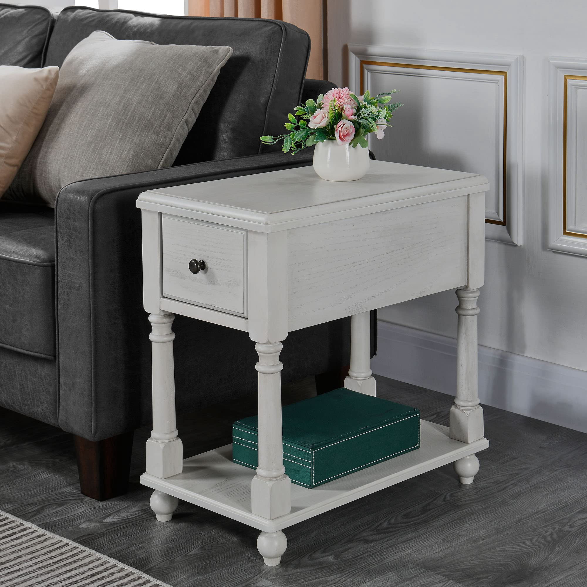 JESONVID Narrow Open End Table with Drawer, Solid Wood Side Table 2-Tier Skinny Table with Storage Shelves Slim Nightstand Small Sofa End Table for Living Room Bedroom，Antique White