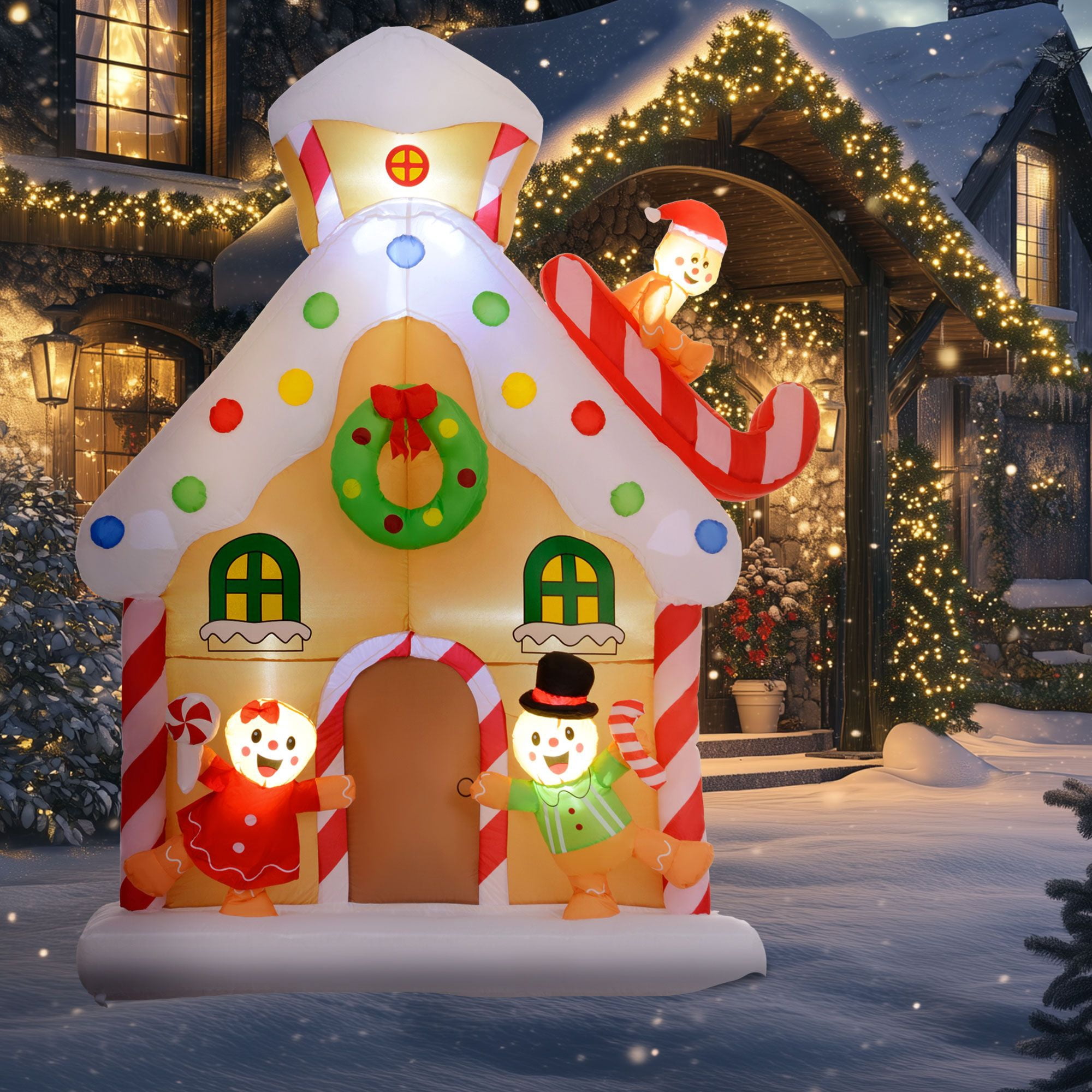7 ft Inflatable Gingerbread House Christmas Decoration with Built-in White LED Lights for Indoor and Outdoor Yard