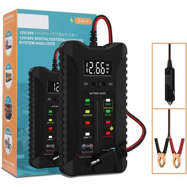 Probador de batería de 12 V/24 V, voltímetro, analizador del sistema de carga con pantalla LCD y pantalla LED, longitud del cable 23,6 pulgadas