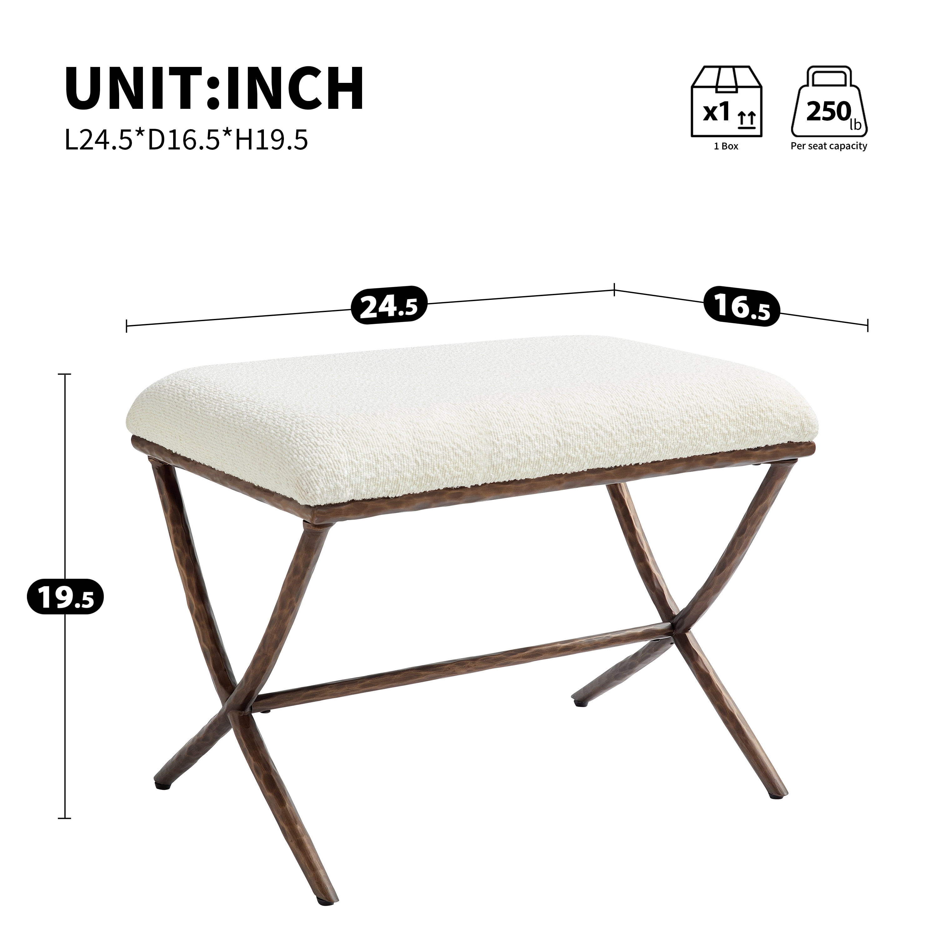 GARITIN Set of 2 Rectangular Ottomans 24.5 Inch, Upholstered Footrests with X Base and Hammered Metal Legs for Living Room, Beige