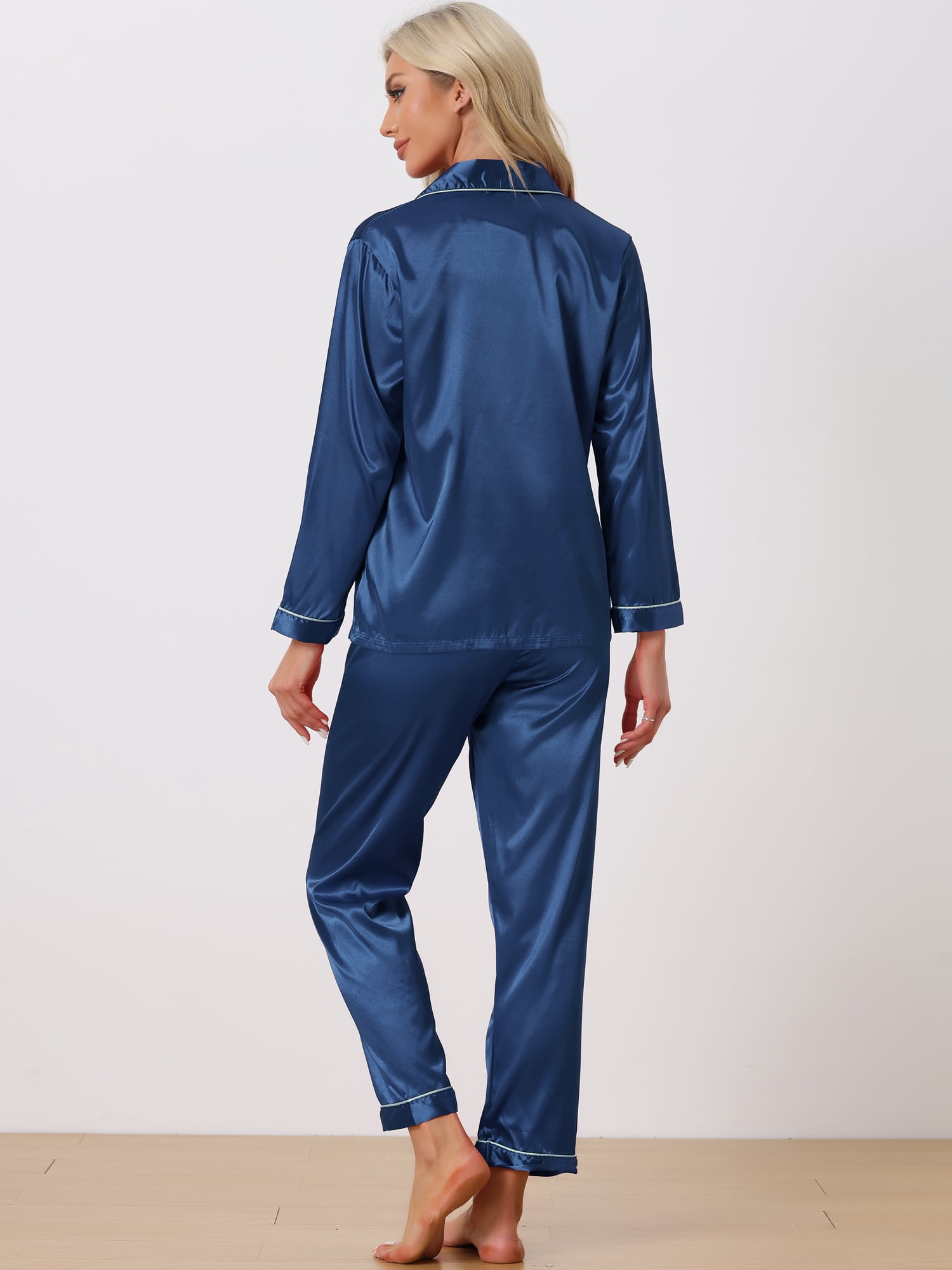 DARING DIVA Women's Long Sleeves Button Down Satin Pajama Sets L Dark Blue