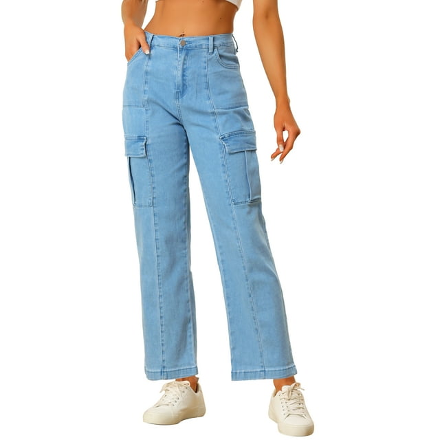 Allegra K Pantalones Largos de Cintura Alta Casual de Mezclilla Azules XS