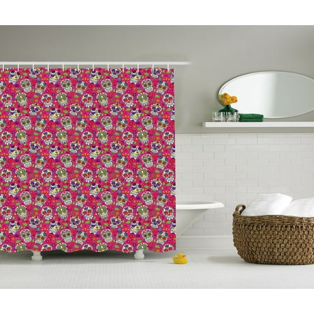 Heart Bathroom Accessories Skulls Decorations Shower Curtain Set, All Saints Day Sugar Skull Flowers Hearts Floral Design , Bathroom Accessories, 69W X 70L Inches, By Ambesonne ()