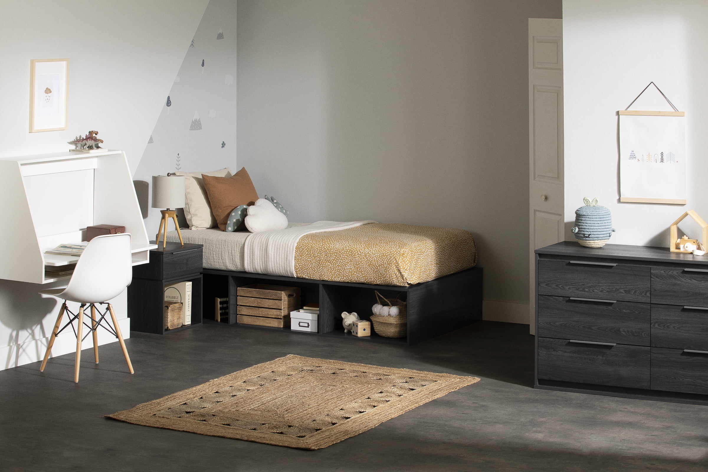 Table de chevet 1 tiroir pour Enfants, fini Chêne gris, collection Hourra de Meubles South Shore