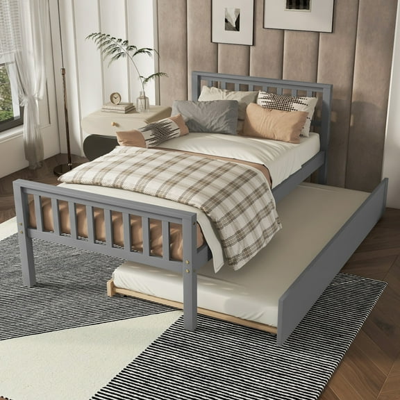 Twin Size Bed with Trundle, Wood Bed Frame with Headboard and Footboard, Twin Size Platform Bed with Wood Slats Support, No Box Spring Needed, Grey