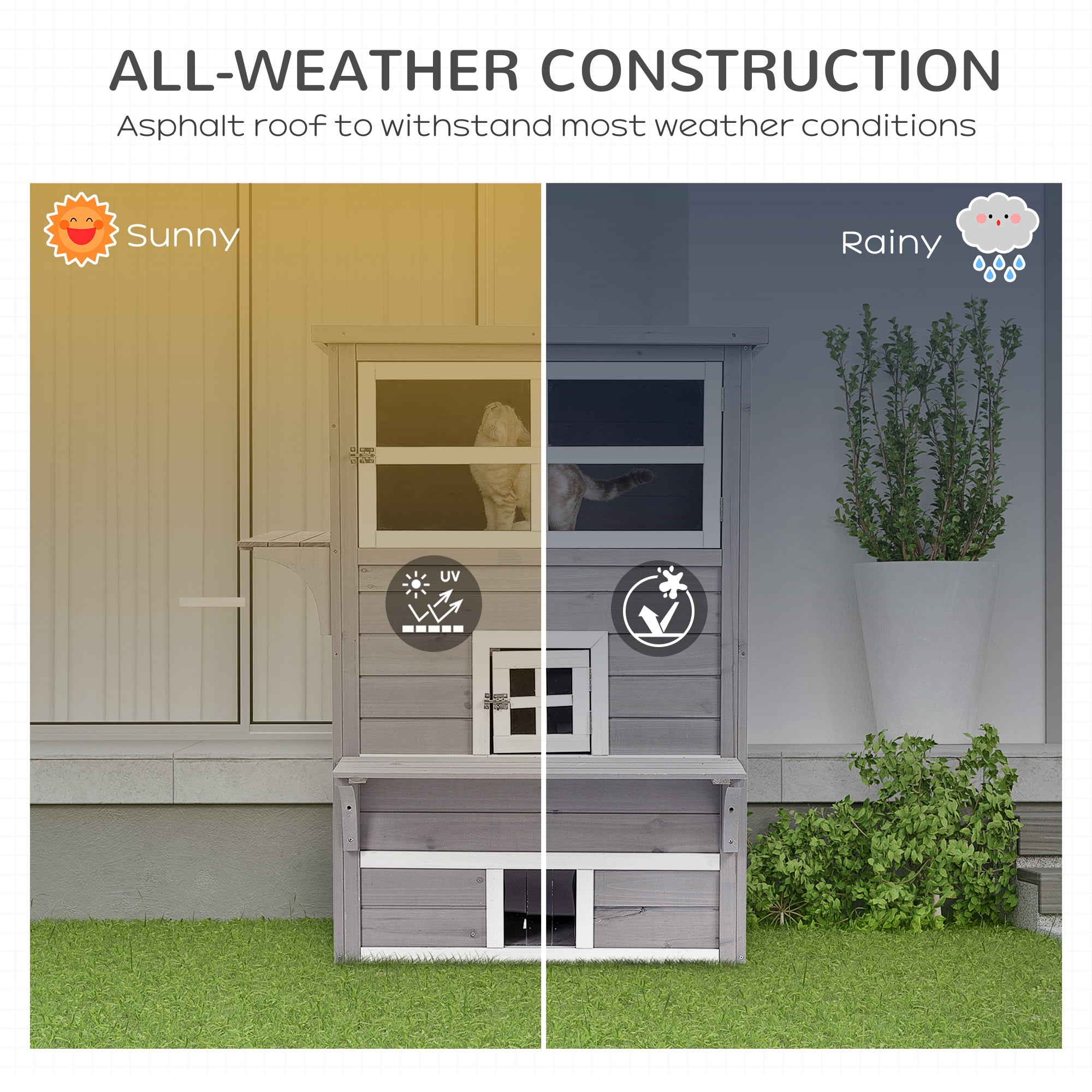 3-Story Cat House Feral Cat Shelter, Outdoor Kitten Condo with Raised Floor, Asphalt Roof, Escape Doors, Jumping Platforms, Grey