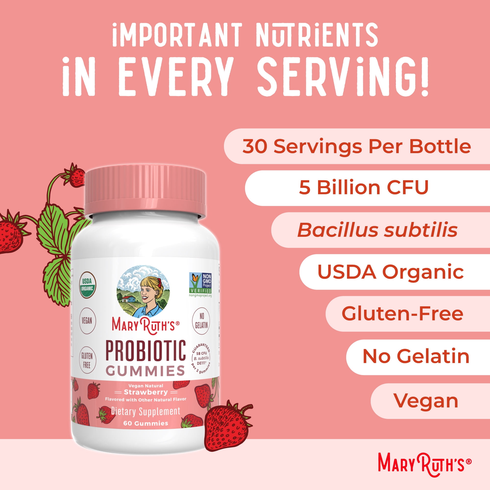 MaryRuth's Probiotic Gummies USDA Organic, 5 Billion CFU, Vegan, Gluten-Free, Dairy-Free for Digestive Health, 60 Count