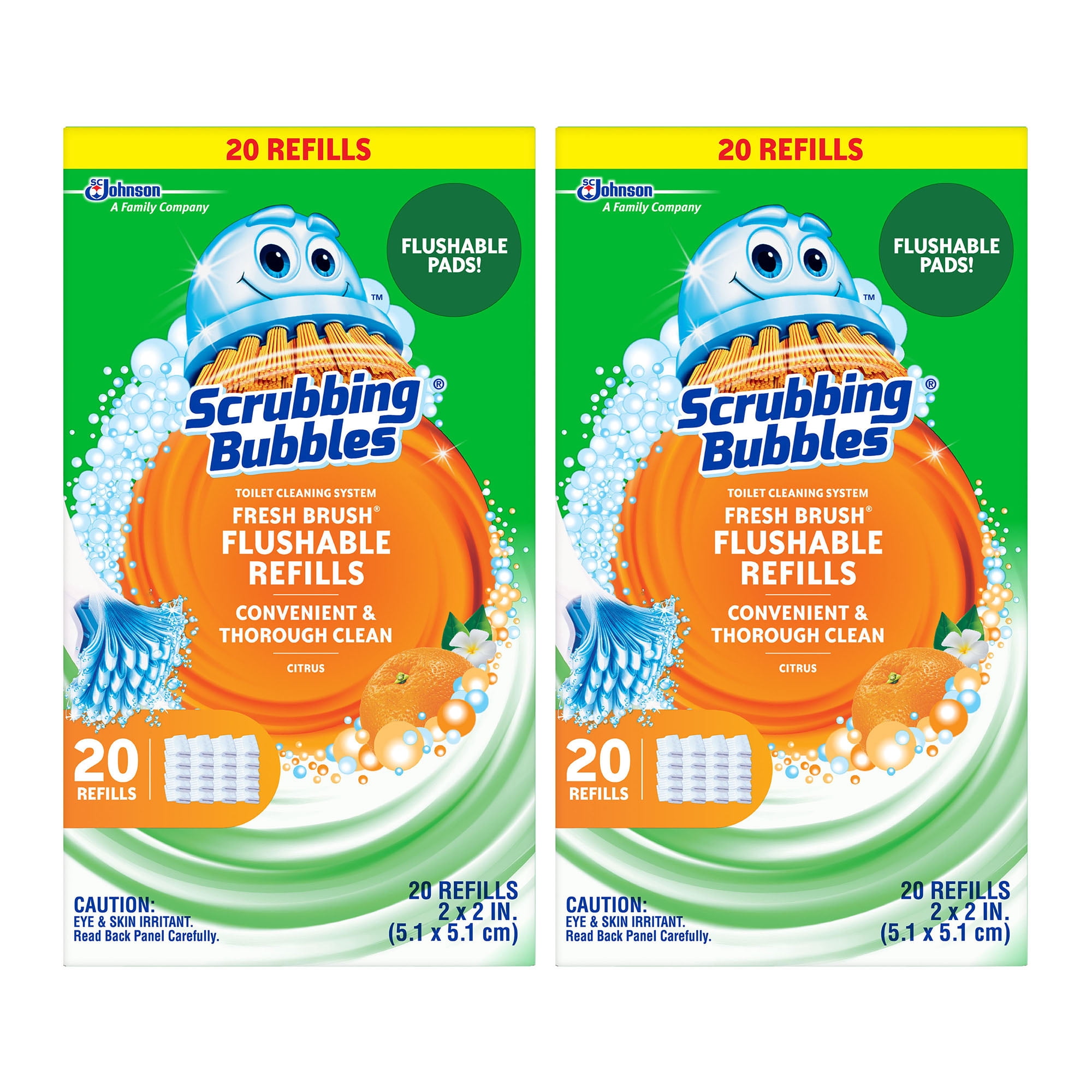 (2 pack) Scrubbing Bubbles Toilet Bowl Cleaner Wand Refills, Flushable Fresh Brush Cleaning Pads, Citrus, 20 Count, 2 Pack