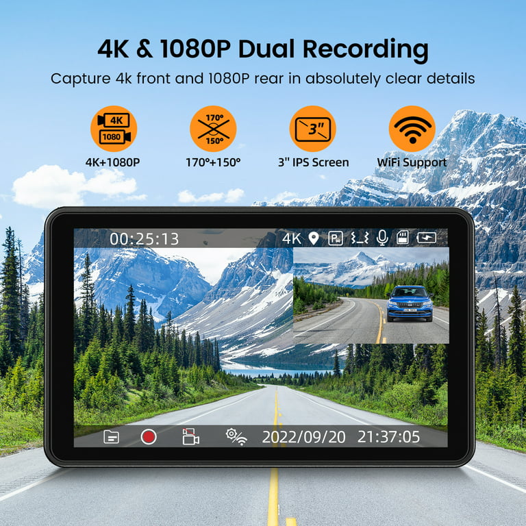 Dash Cam Front and Rear Camera, GKU 4K/2.5K Full Dashcams for Cars with  32GB SD Card, WiFi & App Control, Night Vision, Parking Mode, G-Sensor,  Loop