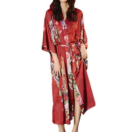 

Homgro Women s Satin Robe Luxury Floral House Light Silky Loose Fit Quarter Sleeve Long Kimono Bathrobe Patterned8 Red One Size