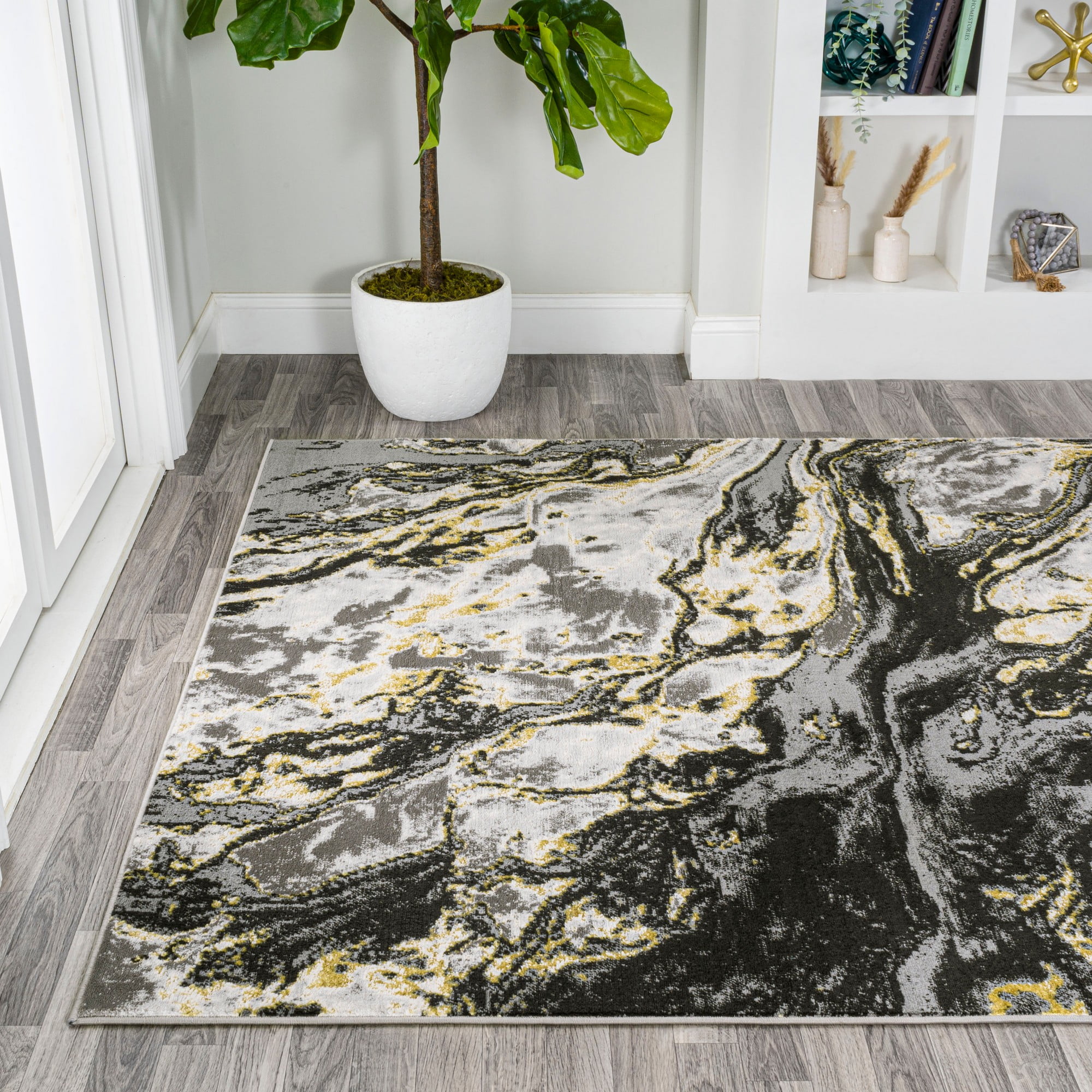JONATHAN Y SILK ORCHID 3 x 5 Area Rug, Swirl Marbled Abstract - Black/Yellow, SOR203D-3