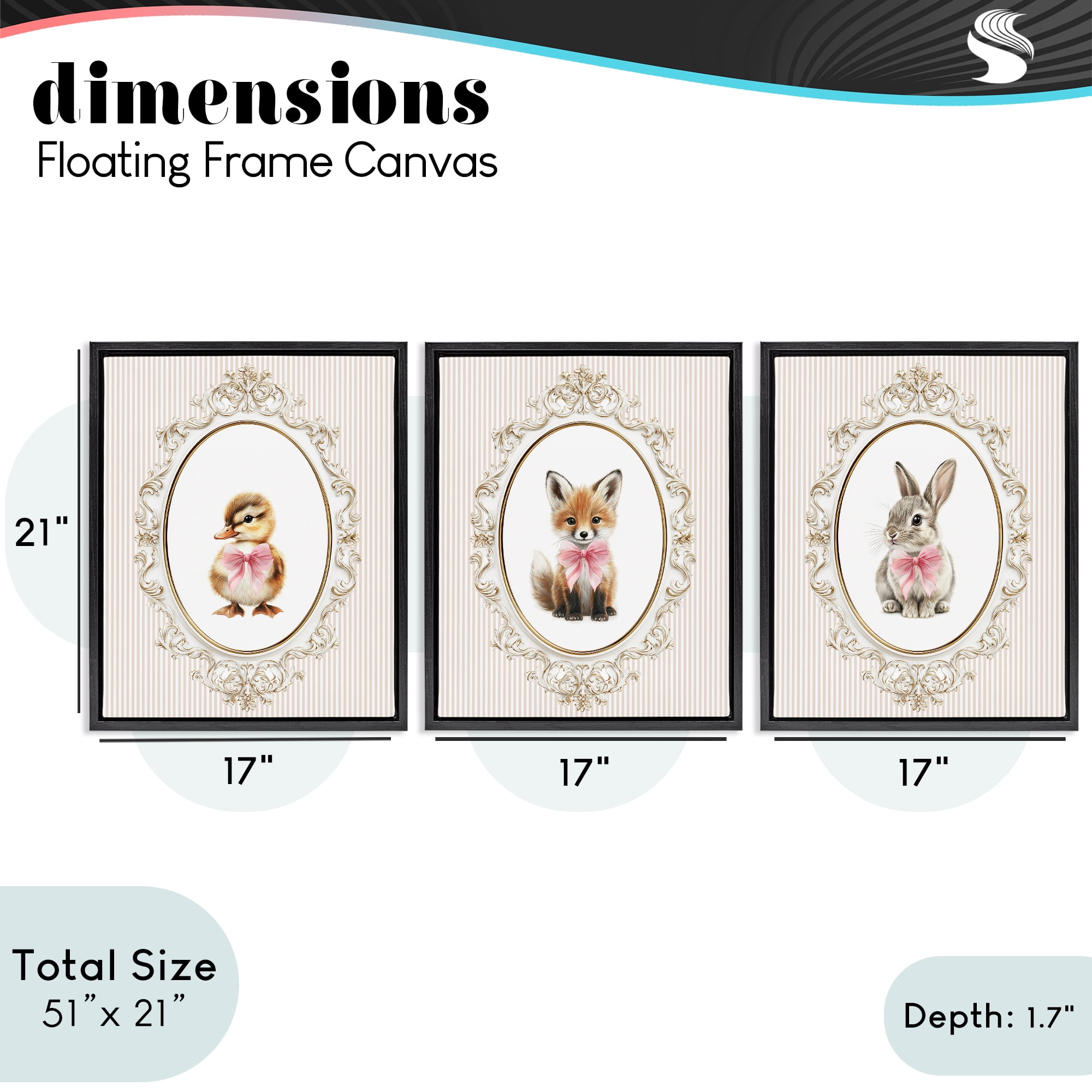 Stupell Industries Vintage Animals with Ornate Design 3 Piece Black Framed Floater Canvas Set, design by Christine Simpson Art