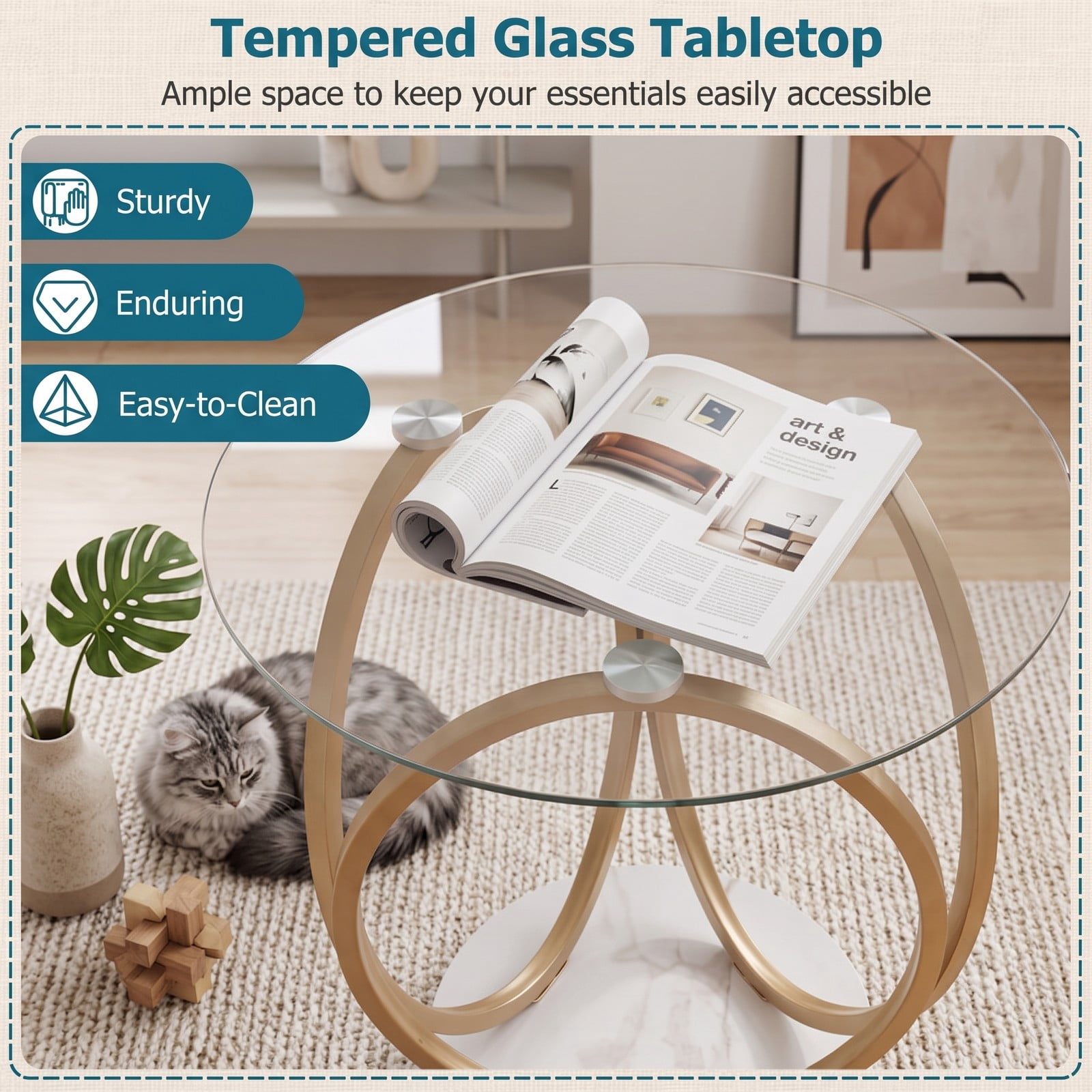 Furnibear Round End Table Faux Marble Side Table with Tempered Glass Tabletop, Modern Accent Nightstand Sofa Coffee Table with Metal Frame for Living Room Bedroom, Gold
