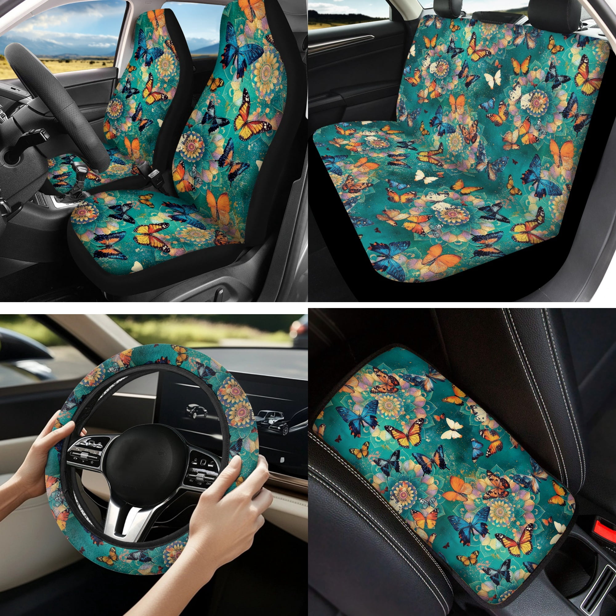 Jeiento Butterfly 13 PCS Car Seat Cover Full Set with Auto Steering Wheel Cover Seat Belt Strap Pads Cup Coasters Armrest Pad Boho Flower Keychains Chapstick Holder Universal Fit Easy Install