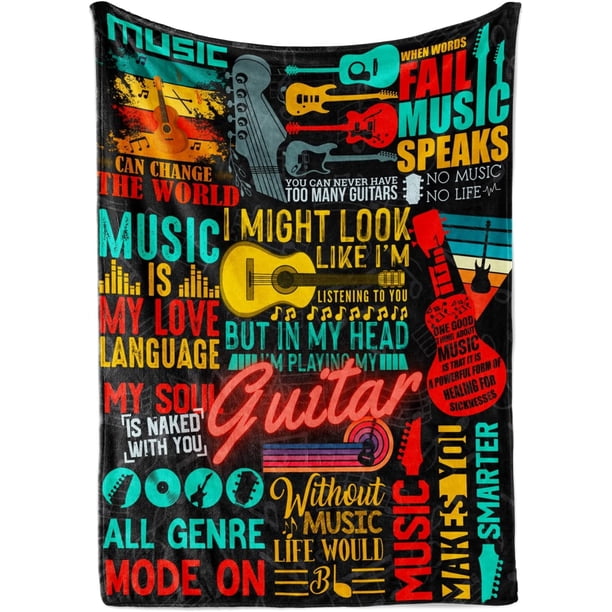 LHSHID Music Gifts Guitar Gifts for Men Music Note Flannel Blanket for Guitar Players Music Teacher Gifts for Sofa Chair Bed Office Black 50x60in