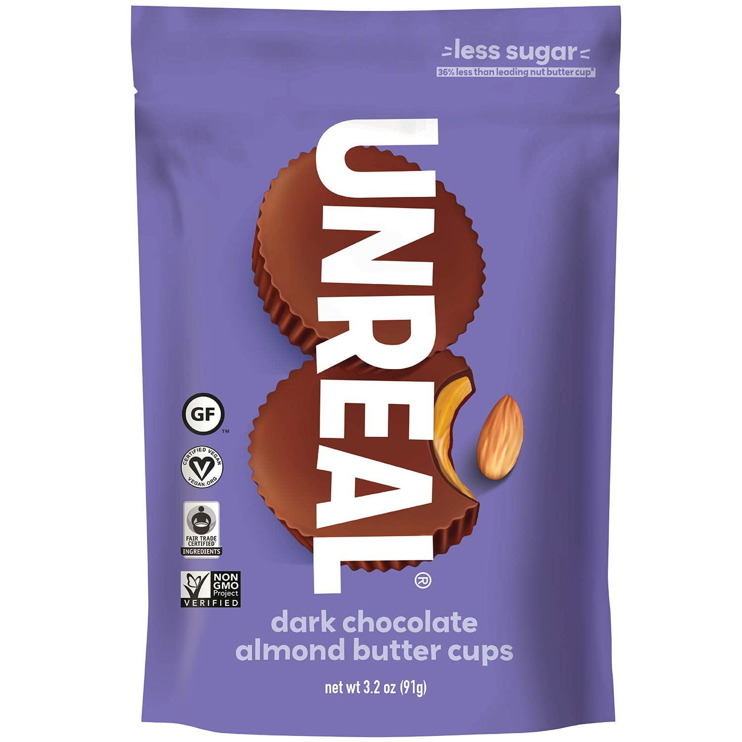 Unreal Almond Butter Cups Candy Vegan Gluten-Free Dark Chocolate -- 3.2 oz