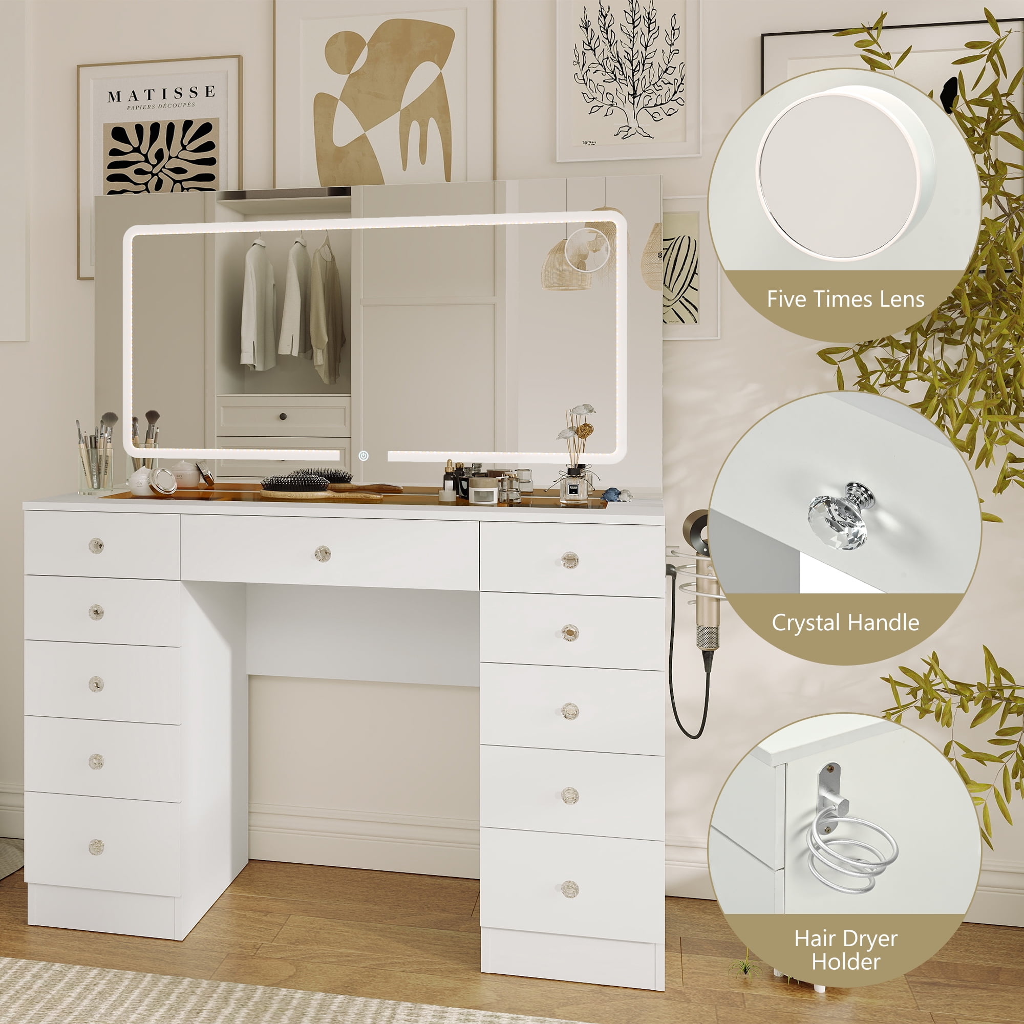 Vanity Desk with Tempered Glass top and Mirror and Lights,11 Drawers Makeup Vanity Desk, Vanity with 3 Adjustable Lighting Modes and Magnetic 5X Magnifier for Bedroom,White