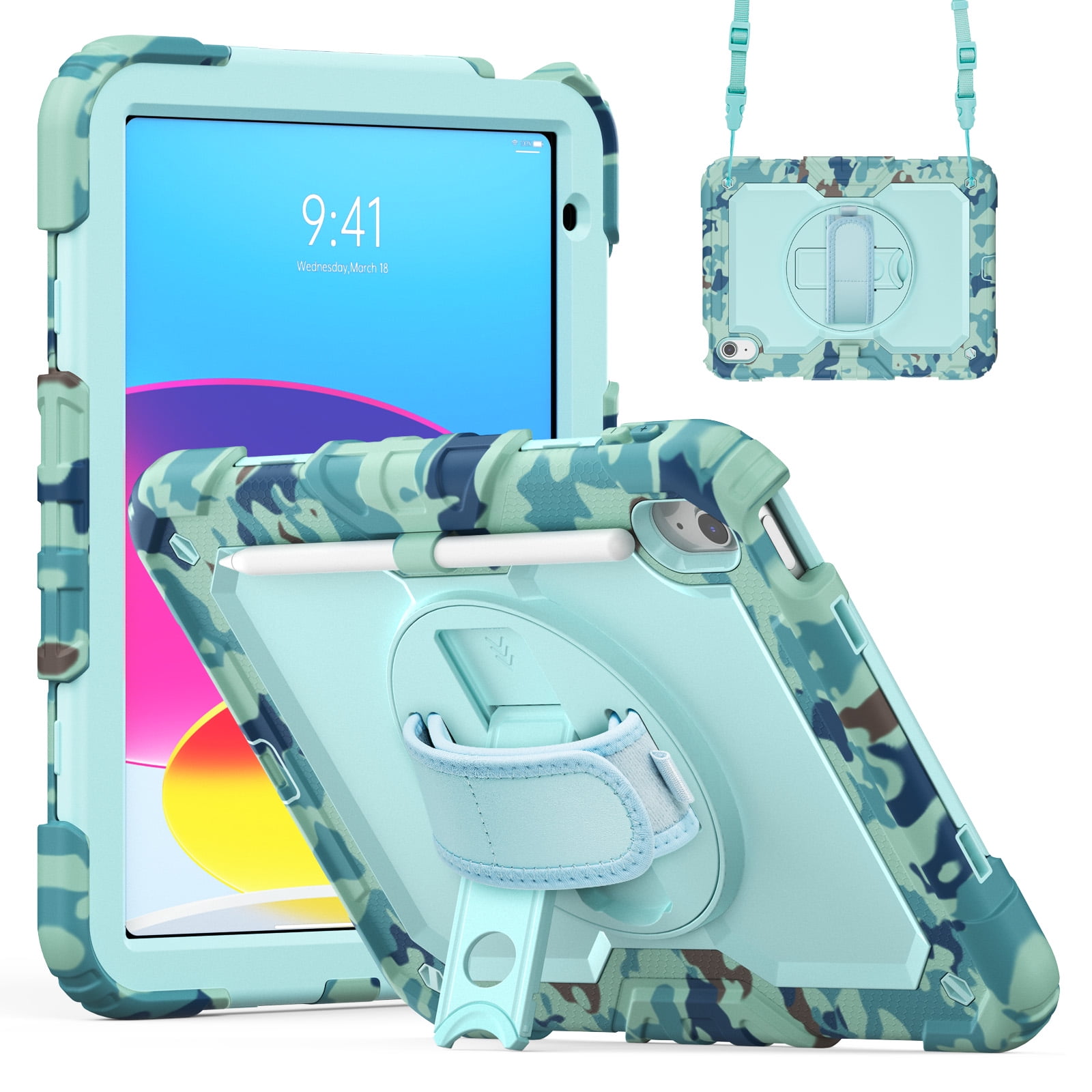 ELEHOLD Rugged Case for iPad 11th(A16) 2025/10th 2022, 360° Rotating Kickstand Hand Shoulder Strap Pencil Holder Built-in Screen Protector Full-Body Shockproof Protective Cover,Blue