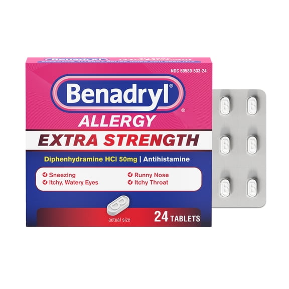 Benadryl Extra Strength Relief Allergy Tablets, 50 mg Diphenhydramine HCl, 24 Count