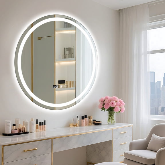 Jnismy Bathroom Mirror with Touch Switch,24" Round Wall-Mounted Mirror with LED Light,Anti-Fog Makeup Vanity Mirror,Silver