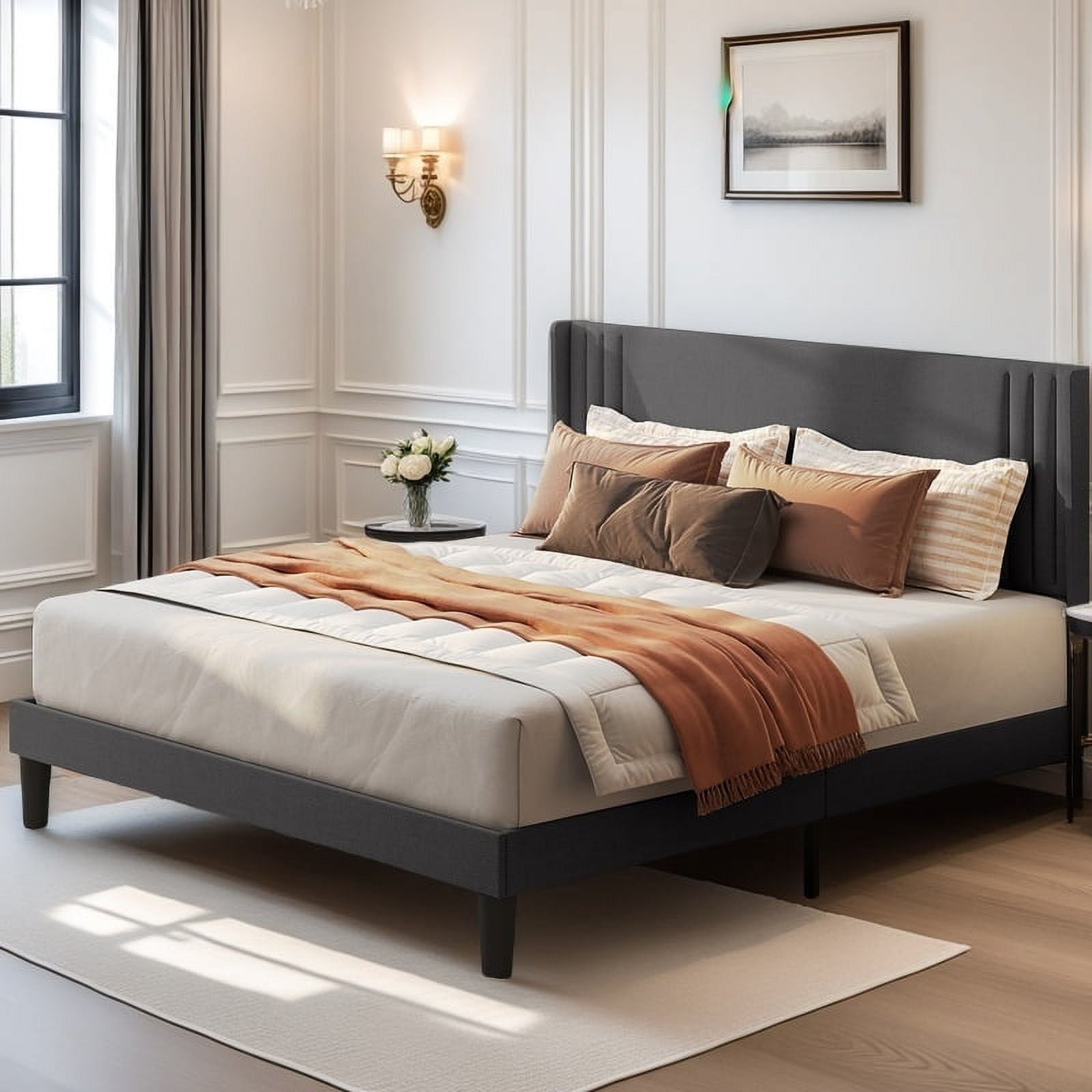 Queen Platform Bed Frame with Wingback Headboard, Dark Grey