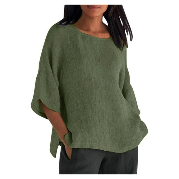Ladies Tops and Blouses Summer Solid Color Cotton Linen Tshirts Trendy Cropped Sleeves Crewneck Shirts Loose Casual