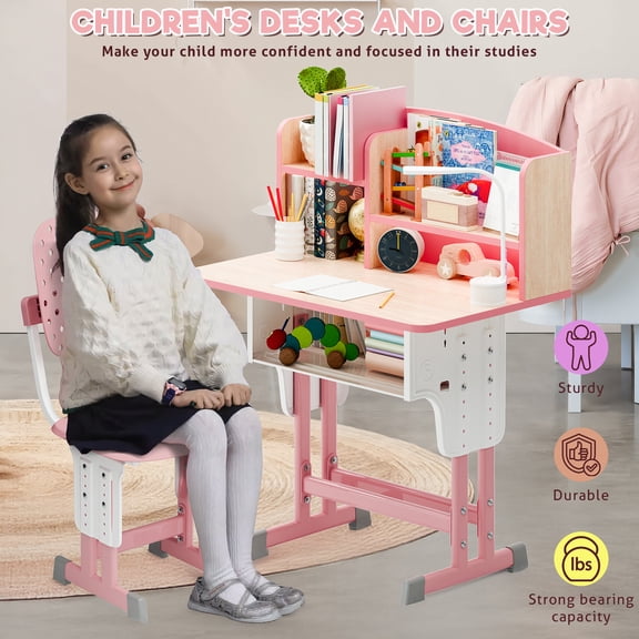 Baellsa Kids Desk and Chair Set, Study Writing Table for Kids 7-12 Storage Drawer, Adjustable Height, Childrens Table and Chair Set for Boys and Girls, Pink