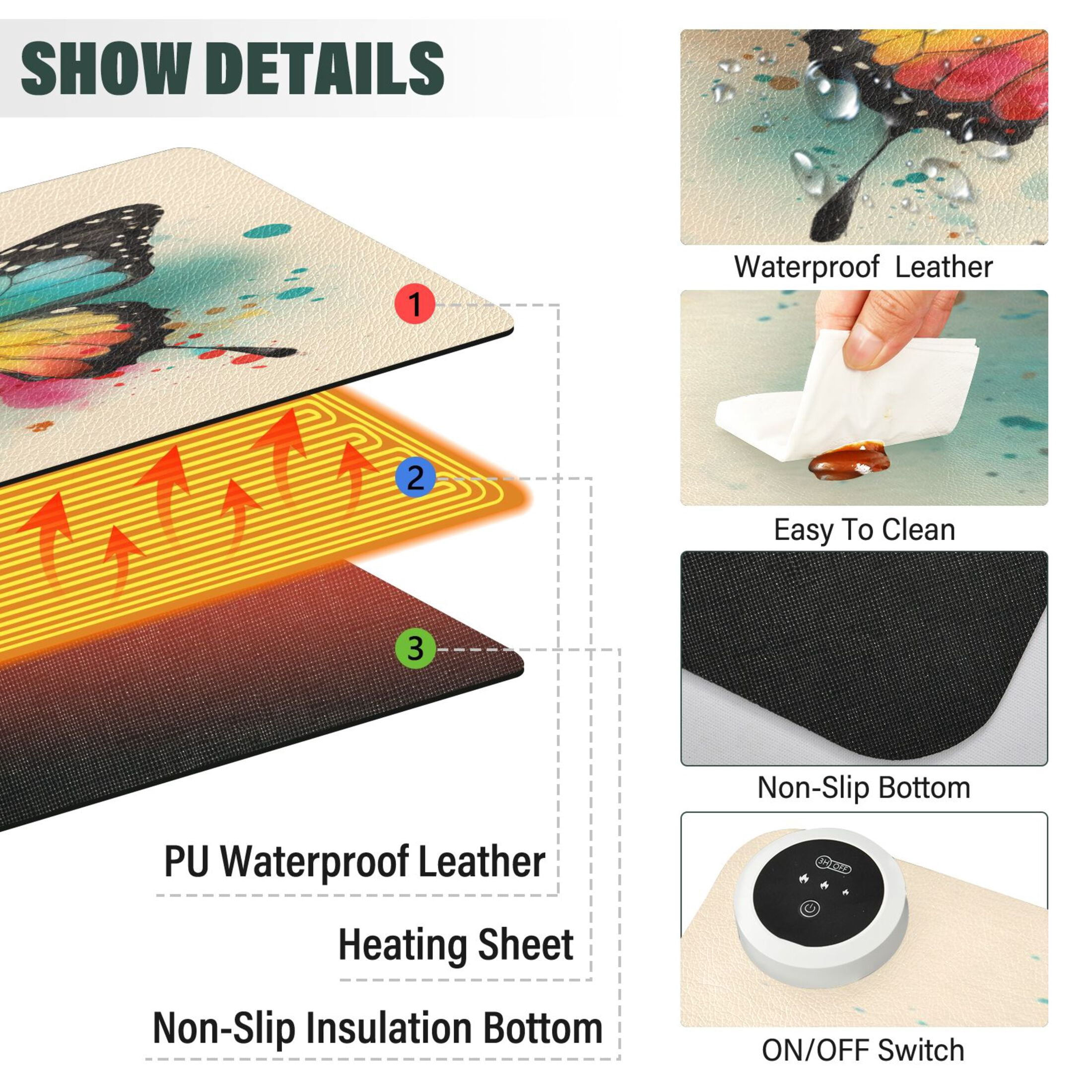 Large Heated Desk Mat Mouse Pad 31.5"x13"PU Leather Graphene Heating Desk Warmer with 3 Temperature Settings 110V US Plug Non-Slip Warm Pad for Home, Office, and Gaming Warm Gradient Butterfly Art