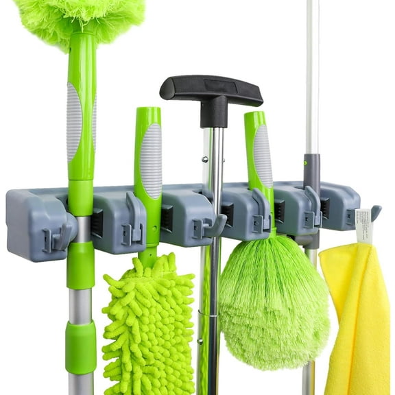 Wall Mount Storage Broom and Mop Holder Gray Heavy Duty Organizer