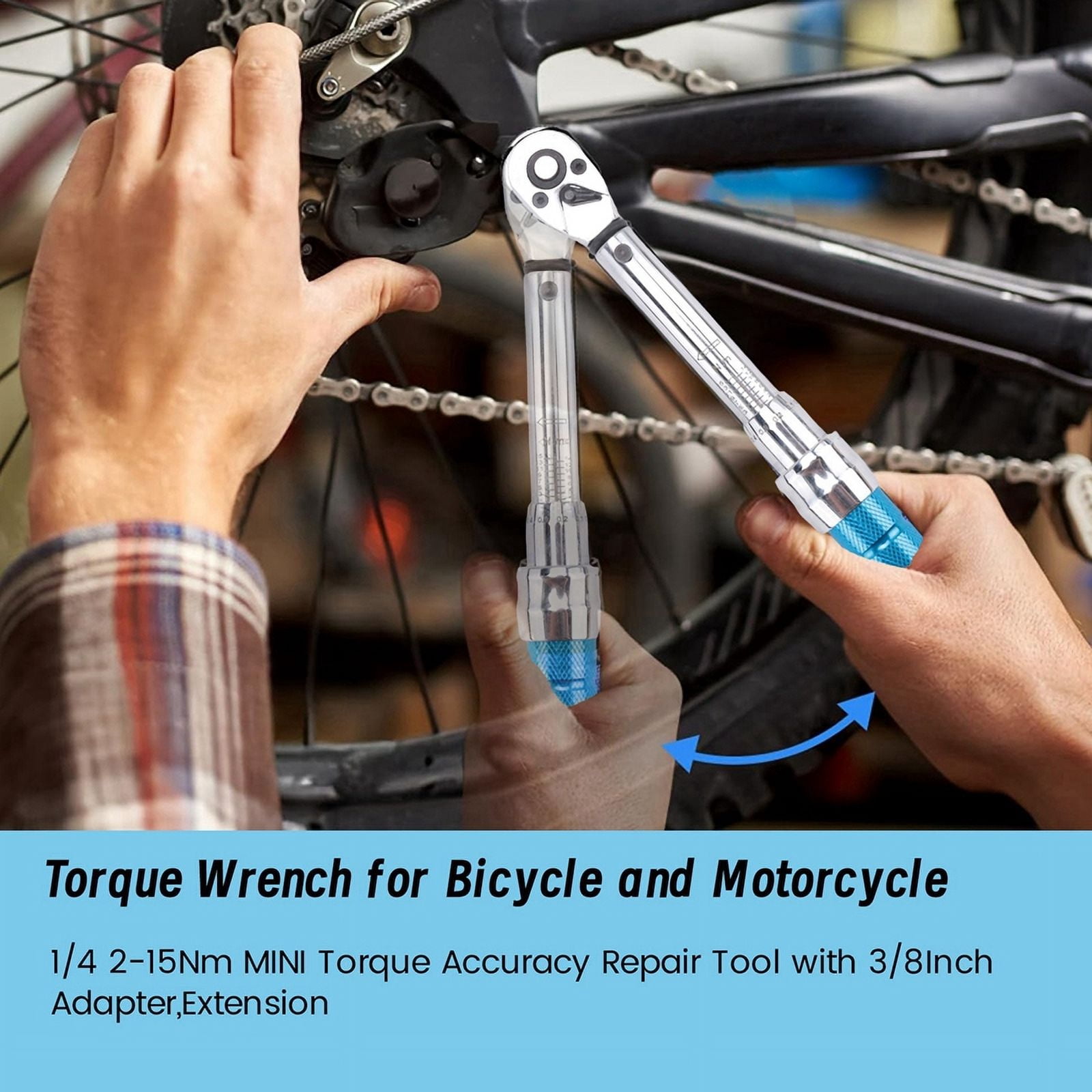 Torque Wrench for Bicycle and , 1/4 2-15Nm MINI Torque Accuracy Repair Tool with 3/8Inch Adapter,Extension,1 set Torque Wrench,Silver & Blue