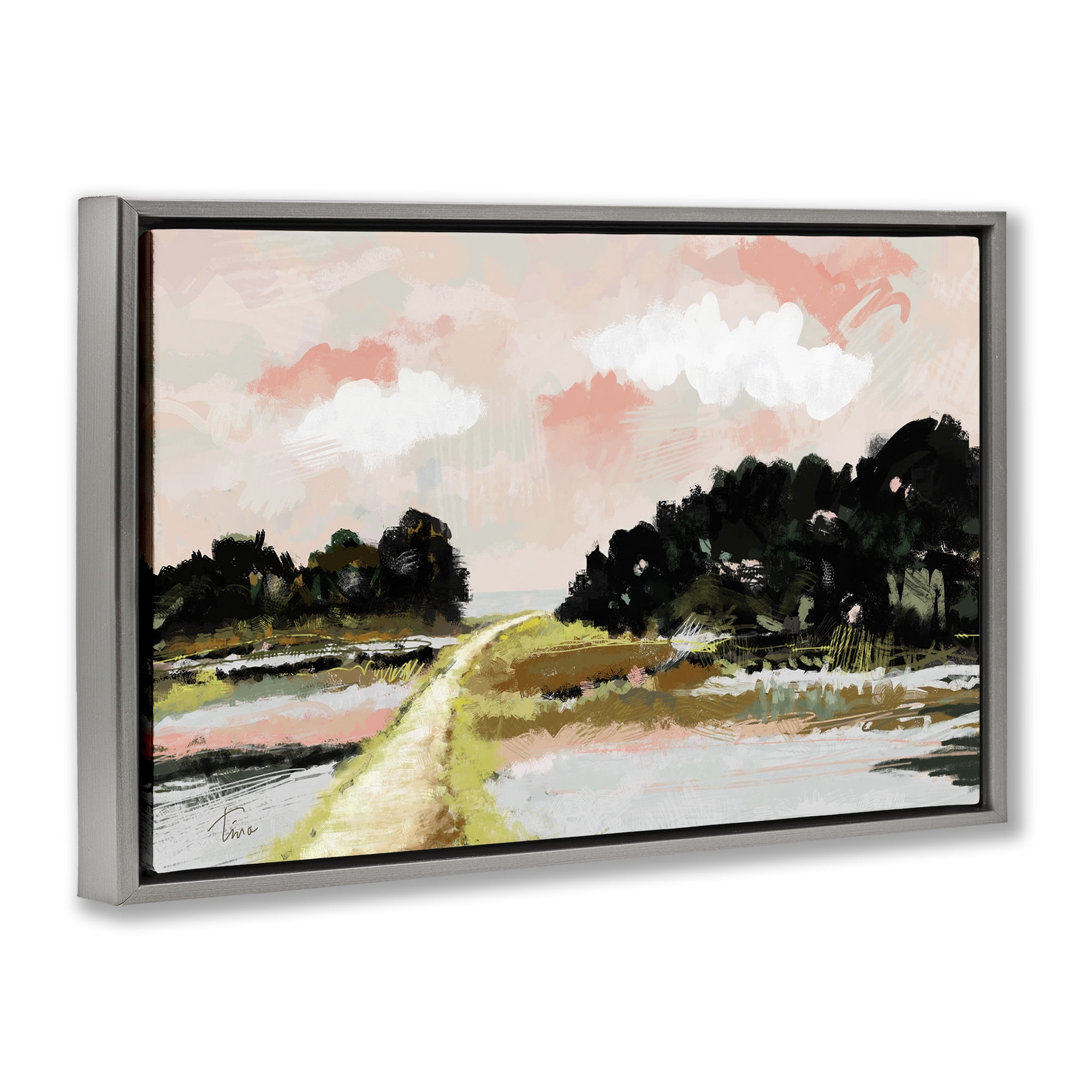 Stupell Industries Nature with Blush Sunrise Landscape & Nature Painting Gray Floater Framed Canvas Art Print Wall Art, 31 x 21