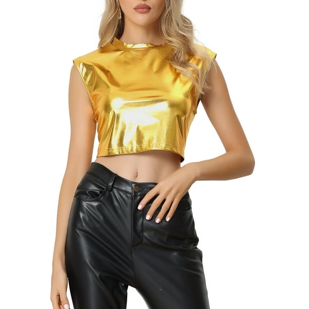 Camiseta sin mangas metálica Inspire Chic para mujer, cuello redondo, crop top holográfico M dorado para fiestas