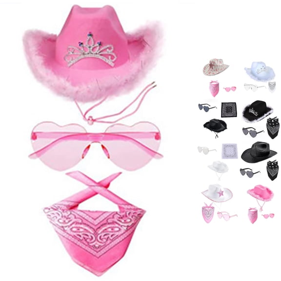Women's Cowboy Hat Set with Bandana and Heart Glasses - Cowgirl Costume Hat for Teen Girls Party Dress Up