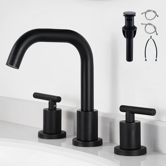 Black Bathroom Faucet 3 Holes - Two Handles Widespread 8 inch Bathroom Sink Faucet 3 Pieces Basin Faucets 360 Degree Swivel Spout Vanity Sink Faucet with Drain & Supply Hoses
